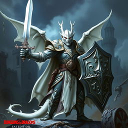 A white dragonborn paladin from Dungeons & Dragons 5th Edition, taking the Oath of Conquest