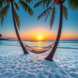 Create an image that showcases a serene beach scene with clear blue water, white sand, and a beautiful sunset in the background