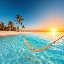 Create an image that showcases a serene beach scene with clear blue water, white sand, and a beautiful sunset in the background