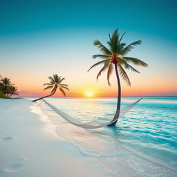 Create an image that showcases a serene beach scene with clear blue water, white sand, and a beautiful sunset in the background