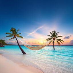 Create an image that showcases a serene beach scene with clear blue water, white sand, and a beautiful sunset in the background