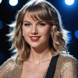 A stunning portrait of Taylor Swift with her golden hair, sparkling blue eyes, and radiant smile. She's on stage with a guitar, against a background of bright lights.