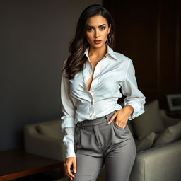 A sexy woman wearing a stylish shirt and pants, with a confident and alluring pose