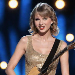 A stunning portrait of Taylor Swift with her golden hair, sparkling blue eyes, and radiant smile. She's on stage with a guitar, against a background of bright lights.