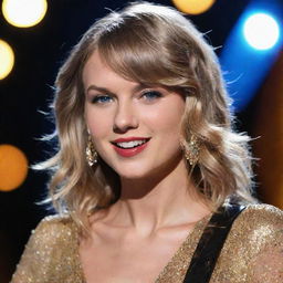 A stunning portrait of Taylor Swift with her golden hair, sparkling blue eyes, and radiant smile. She's on stage with a guitar, against a background of bright lights.