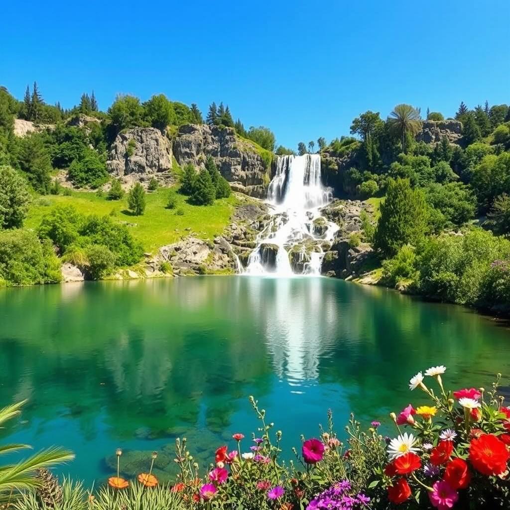 A serene landscape featuring a waterfall cascading into a crystal-clear lake surrounded by lush greenery and vibrant flowers under a clear blue sky