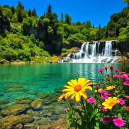 A serene landscape featuring a waterfall cascading into a crystal-clear lake surrounded by lush greenery and vibrant flowers under a clear blue sky