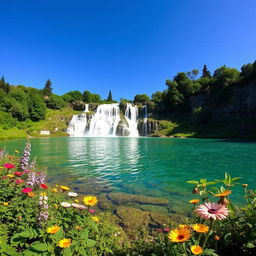 A serene landscape featuring a waterfall cascading into a crystal-clear lake surrounded by lush greenery and vibrant flowers under a clear blue sky