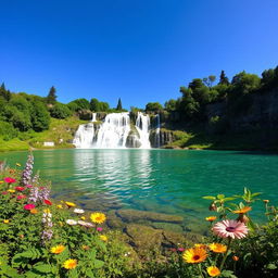 A serene landscape featuring a waterfall cascading into a crystal-clear lake surrounded by lush greenery and vibrant flowers under a clear blue sky