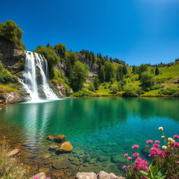 A serene landscape featuring a waterfall cascading into a crystal-clear lake surrounded by lush greenery and vibrant flowers under a clear blue sky