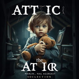 A movie poster featuring a young child holding a teddy bear in an attic