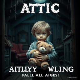 A movie poster featuring a young child holding a teddy bear in an attic