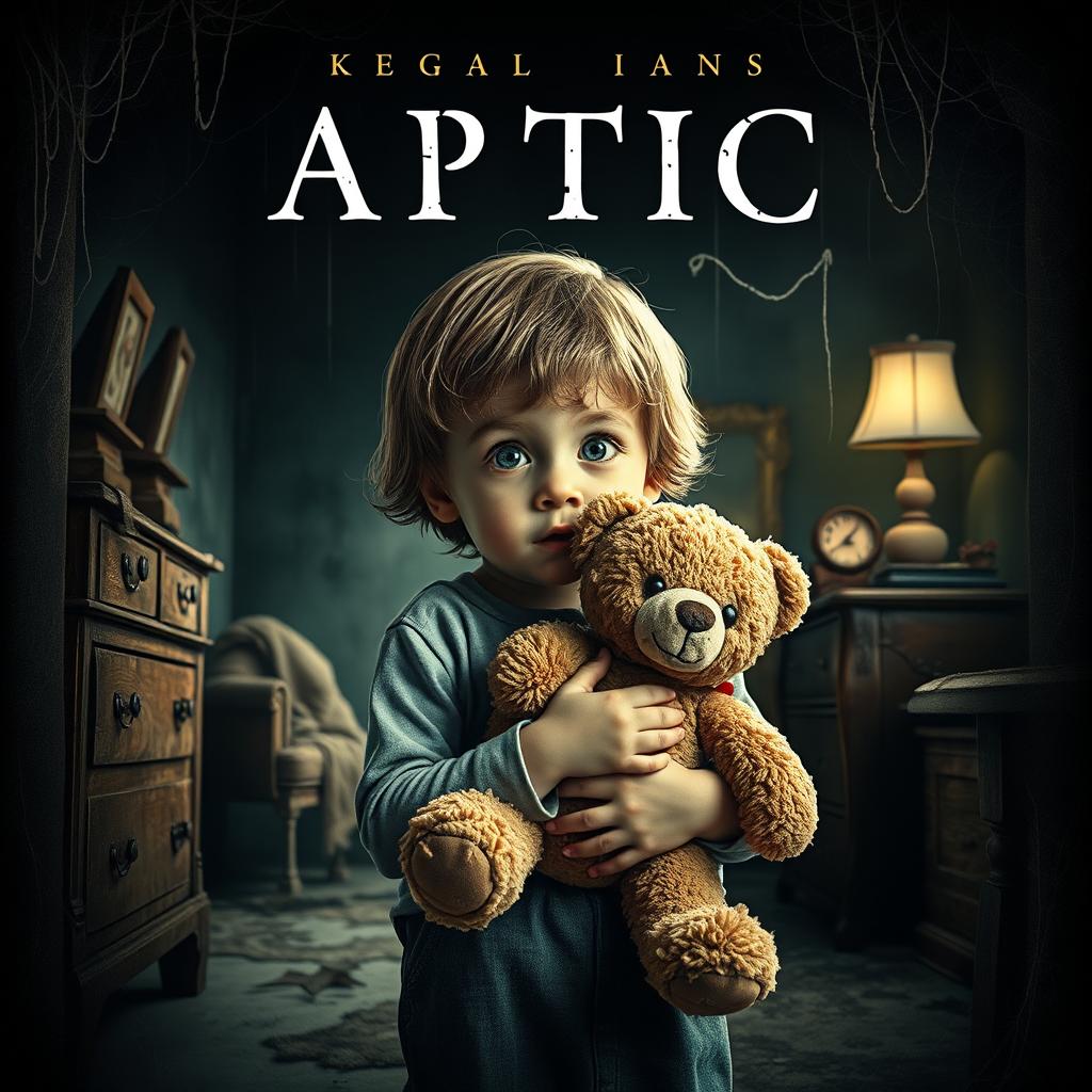 A movie poster featuring a young child holding a teddy bear in an attic