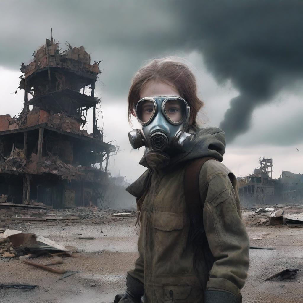 A young girl in a post-apocalyptic world wearing a gas mask