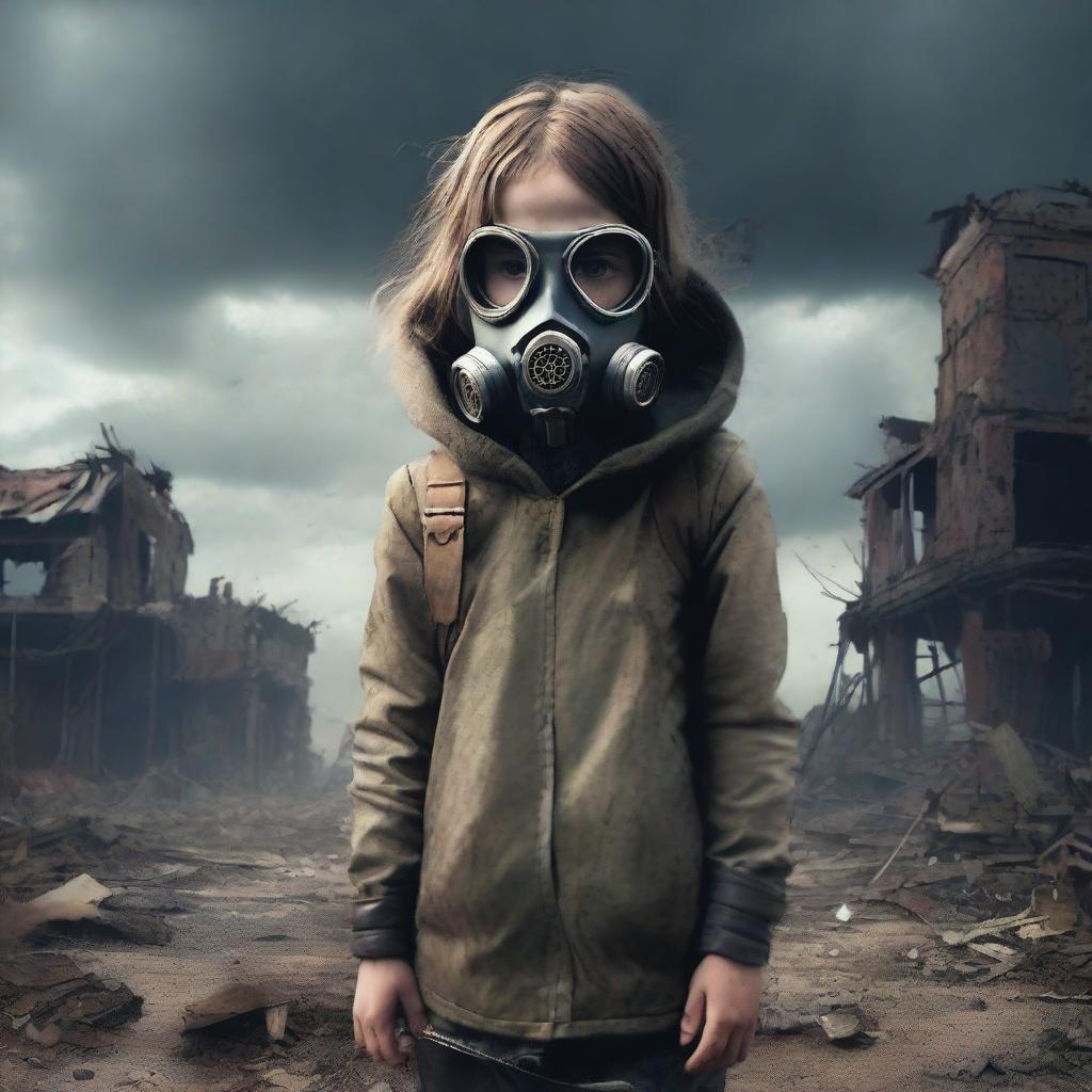 A young girl in a post-apocalyptic world wearing a gas mask