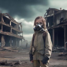 A young girl in a post-apocalyptic world wearing a gas mask