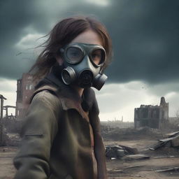 A young girl in a post-apocalyptic world wearing a gas mask