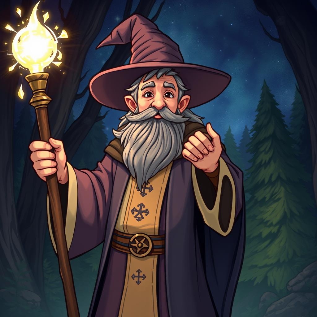 A detailed illustration of a wizard holding a magical rod