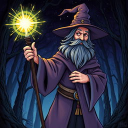 A detailed illustration of a wizard holding a magical rod