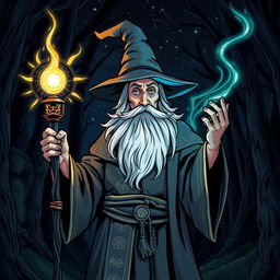 A detailed illustration of a wizard holding a magical rod