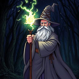 A detailed illustration of a wizard holding a magical rod