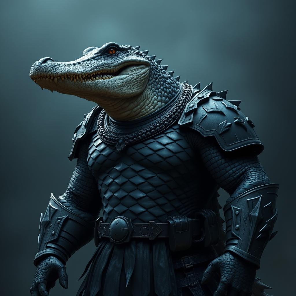 Create an image of an adult crocodile man with a human face, muscly and strong