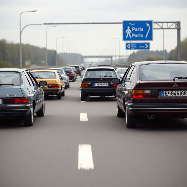 A group of Citroën CX cars in various colors (grey-blue, tan, dark-blue, white, and dark-red) are driving on a multi-lane highway in Germany