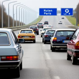 A group of Citroën CX cars in various colors (grey-blue, tan, dark-blue, white, and dark-red) are driving on a multi-lane highway in Germany