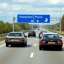 A group of Citroën CX cars in various colors (grey-blue, tan, dark-blue, white, and dark-red) are driving on a multi-lane highway in Germany