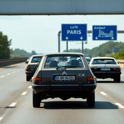 A group of Citroën CX cars in various colors (grey-blue, tan, dark-blue, white, and dark-red) are driving on a multi-lane highway in Germany