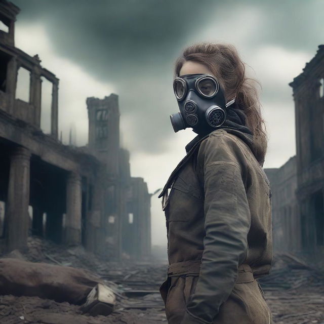 A young adult woman in a post-apocalyptic setting, wearing a gas mask