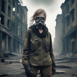 A young adult woman in a post-apocalyptic setting, wearing a gas mask