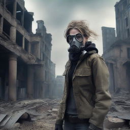 A young adult woman in a post-apocalyptic setting, wearing a gas mask