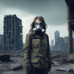 A young adult woman in a post-apocalyptic setting, wearing a gas mask