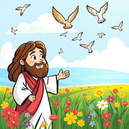 Create a children's drawing of Jesus in a field with birds in the sky