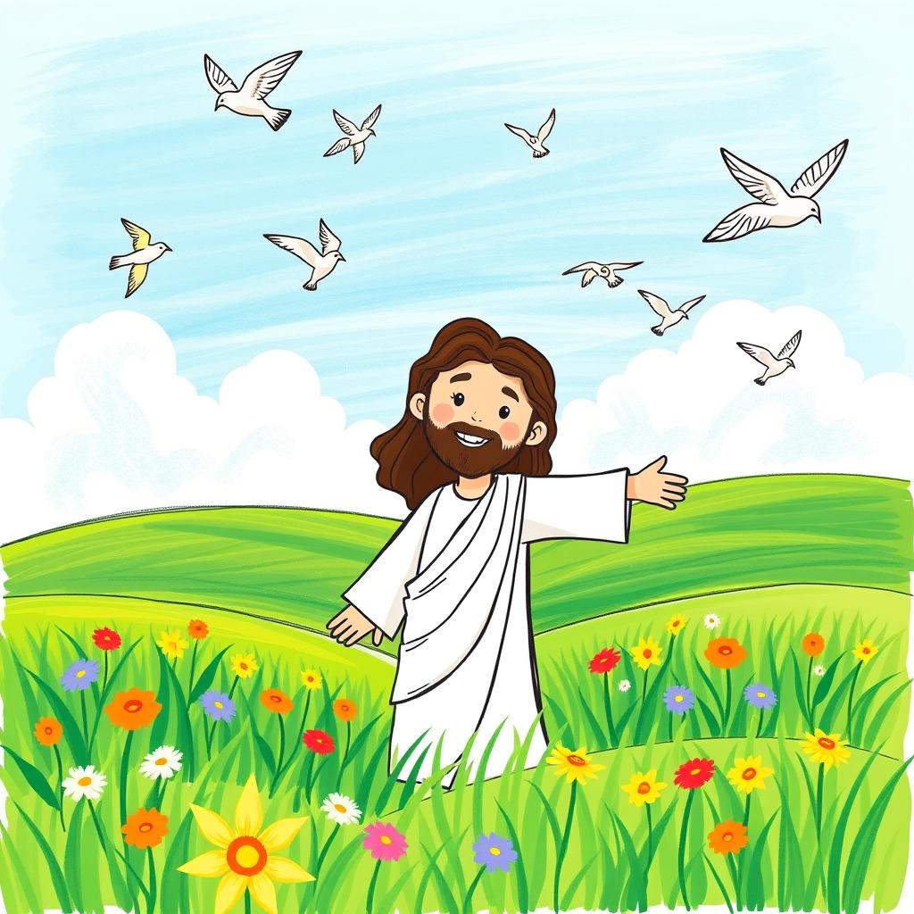 Create a children's drawing of Jesus in a field with birds in the sky