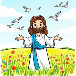 Create a children's drawing of Jesus in a field with birds in the sky