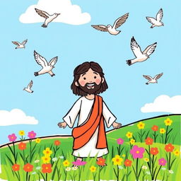 Create a children's drawing of Jesus in a field with birds in the sky