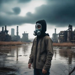 A young teenager wearing a gas mask, standing by a river in a post-apocalyptic setting