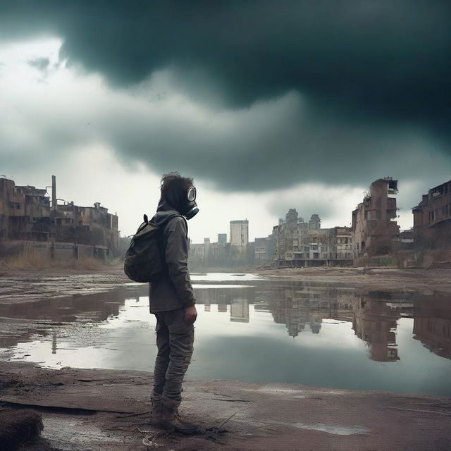 A young teenager wearing a gas mask, standing by a river in a post-apocalyptic setting