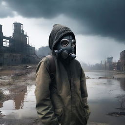 A young teenager wearing a gas mask, standing by a river in a post-apocalyptic setting