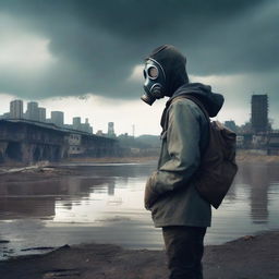 A young teenager wearing a gas mask, standing by a river in a post-apocalyptic setting