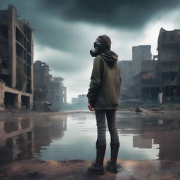 A young teenage girl wearing a gas mask, standing near a river in a post-apocalyptic world