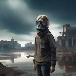 A young teenage girl wearing a gas mask, standing near a river in a post-apocalyptic world