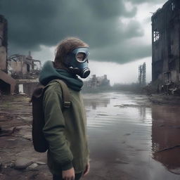 A young teenage girl wearing a gas mask, standing near a river in a post-apocalyptic world