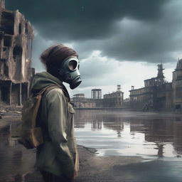 A young teenage girl wearing a gas mask, standing near a river in a post-apocalyptic world