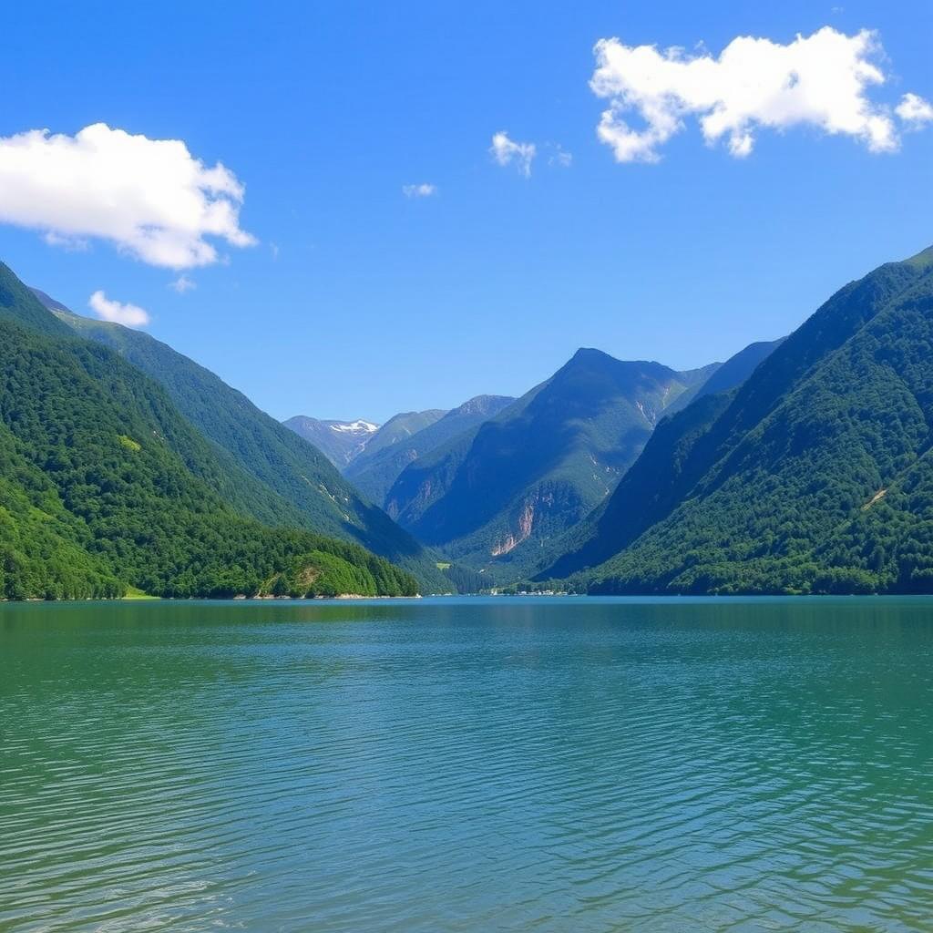 A beautiful landscape featuring a serene lake surrounded by lush green mountains under a clear blue sky