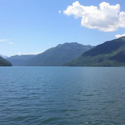 A beautiful landscape featuring a serene lake surrounded by lush green mountains under a clear blue sky