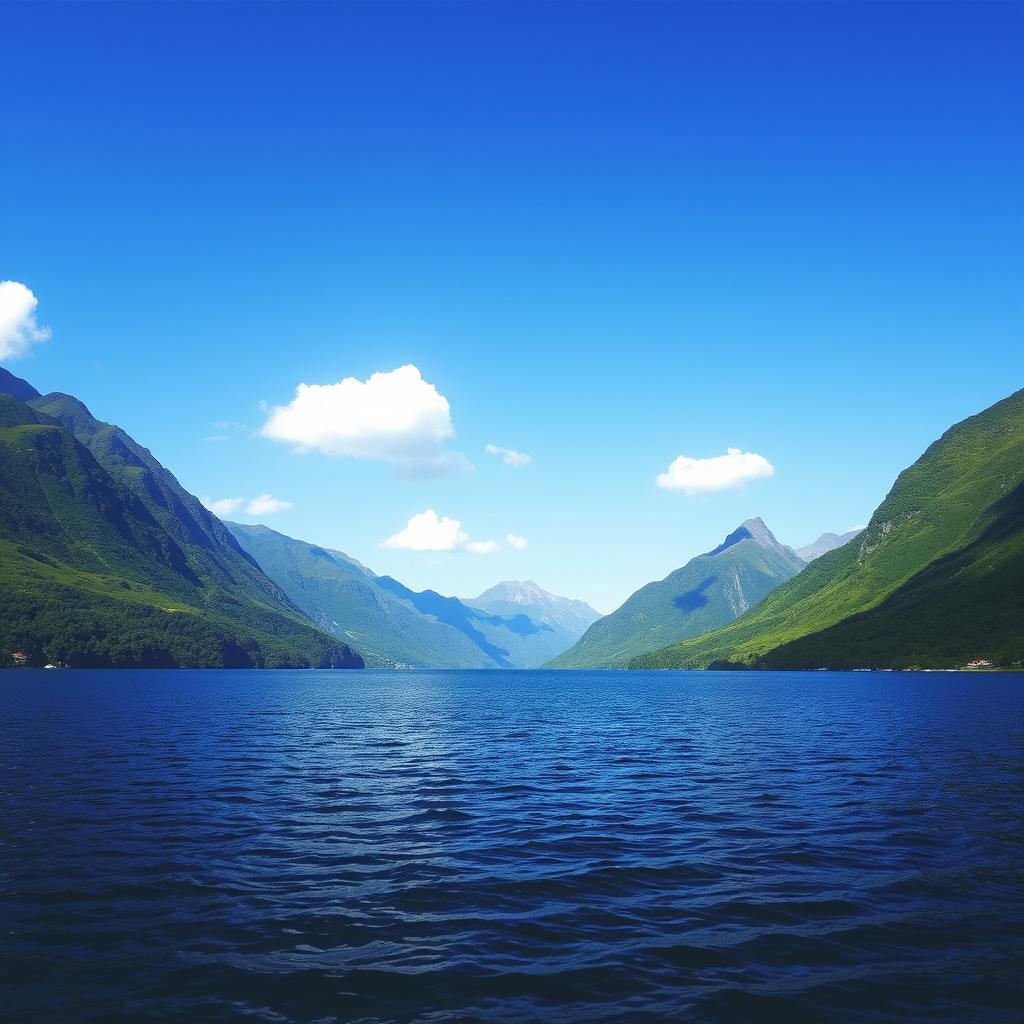 A beautiful landscape featuring a serene lake surrounded by lush green mountains under a clear blue sky