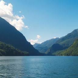 A beautiful landscape featuring a serene lake surrounded by lush green mountains under a clear blue sky